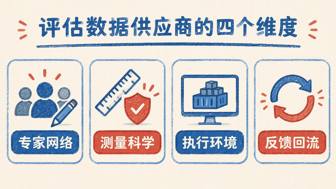 评估 AI 数据供应商的四个维度：专家网络、测量科学、执行环境、反馈回流，手绘信息图总览