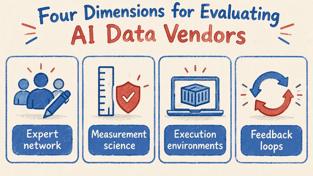 Hand-drawn overview of the four dimensions for evaluating AI data vendors: expert network, measurement science, execution environments, feedback loops