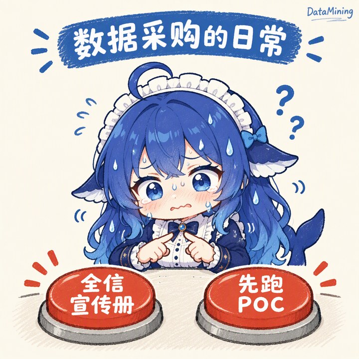 梗图：数据采购的日常，满头大汗地在「全信宣传册」和「先跑 POC」两个按钮之间犹豫