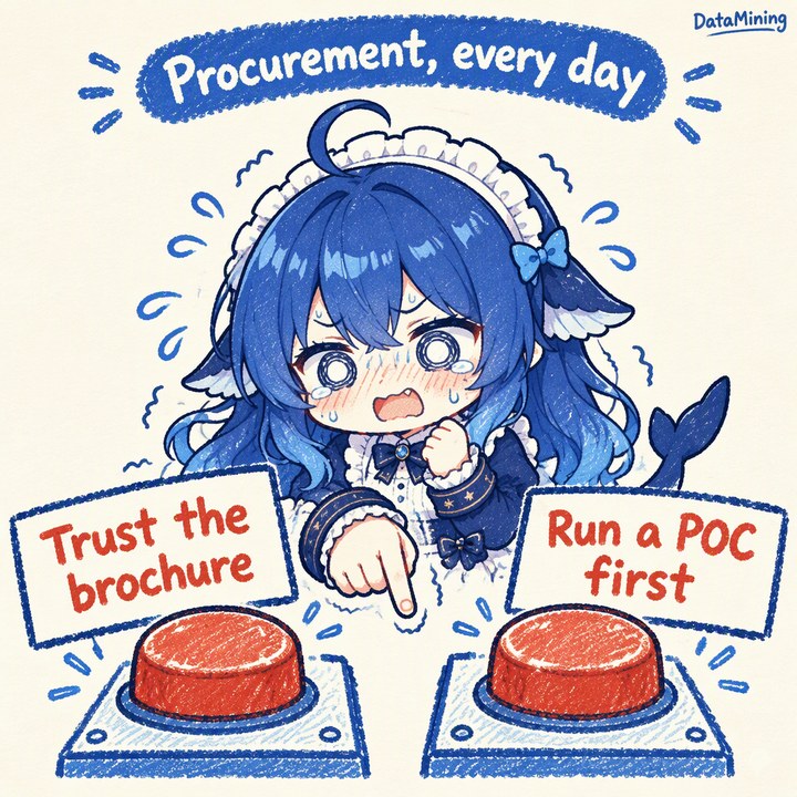 Meme: procurement, every day — sweating between two buttons, "Trust the brochure" and "Run a POC first"