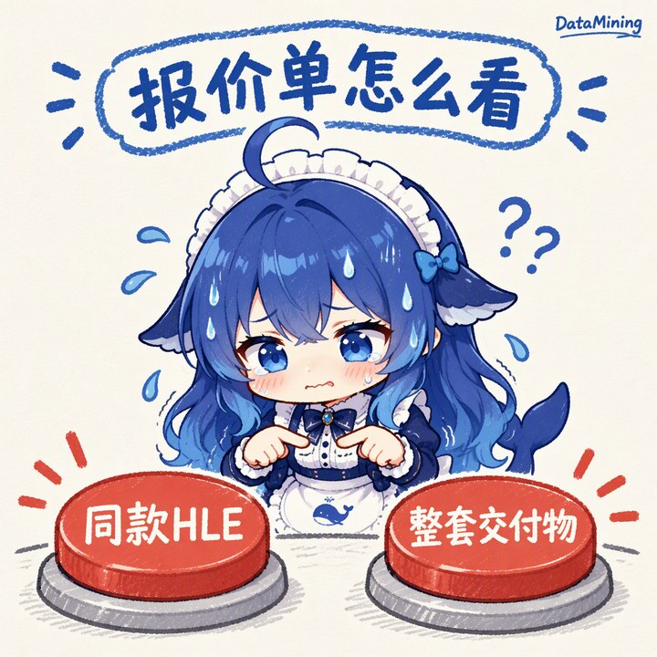 梗图：数据采购面对「同款HLE」和「整套交付物」两个按钮，满头大汗拿不定主意