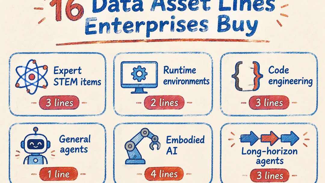 The 16 data asset lines enterprises are buying: 3 hard-science exam lines, 2 runtime environments, 3 coding engineering lines, 1 general agent line, 4 embodied AI lines, 3 long-horizon agent lines